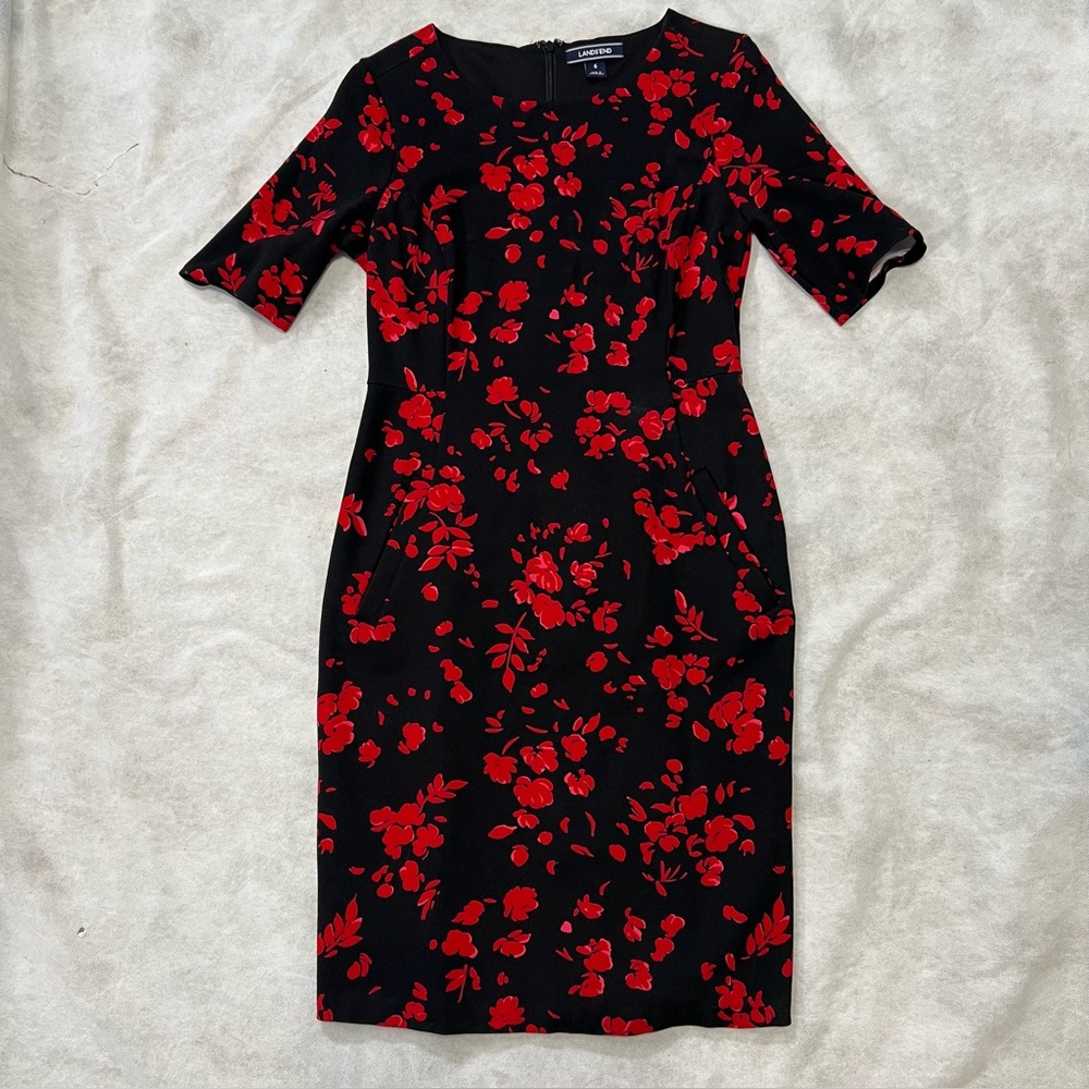 Lands' End Midi Black Red Floral Flower Knit Ponte Sheath Dress Women's Sz 6
